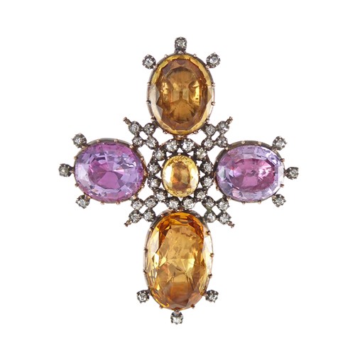 Early 19th century orange and pink topaz and diamond cross cluster pendant, c.1800,